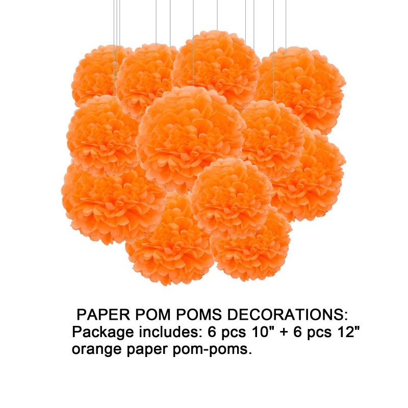 Aimto 12pcs Orange Paper Pom Poms Decorations for Party Ceiling Wall Hanging Tissue Flowers Decorations - 1 Color of 12 Inch, 10 Inch - Image 2